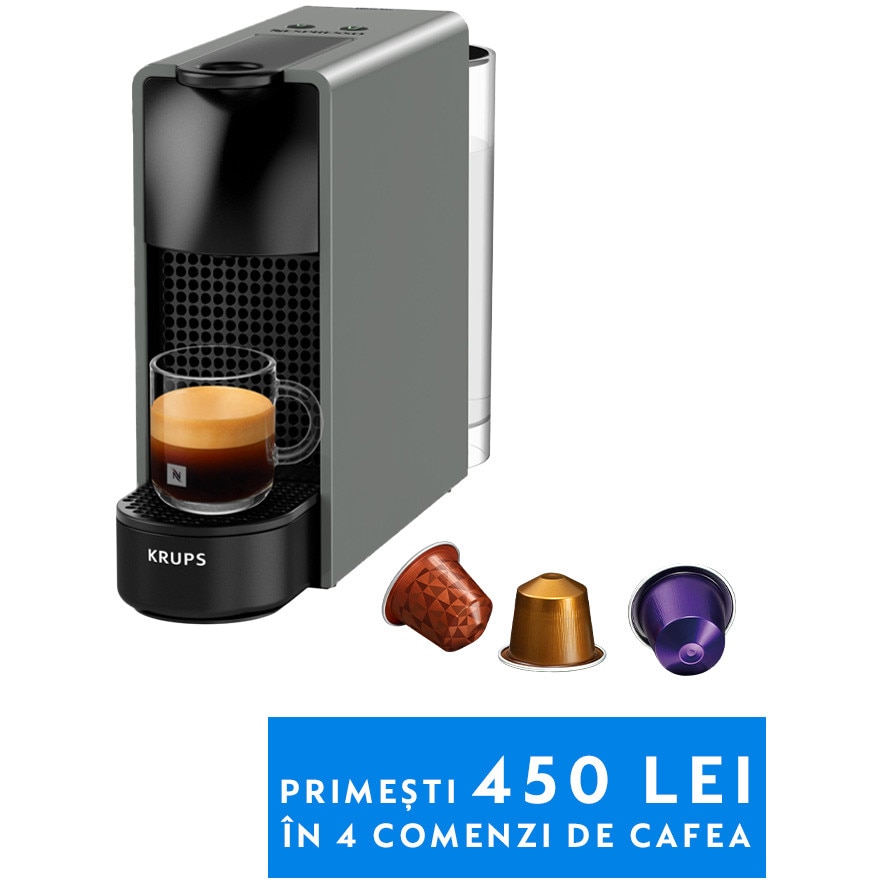 Espressor KRUPS cu capsule Nespresso Essenza Mini XN110B10, 1260W, 19 Bar, 0.6L, Gri + set capsule degustare
