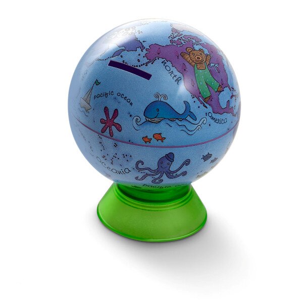 Glob pamantesc Baby Bank, diametru 11 cm, cu functie de pusculita, harta ilustrata