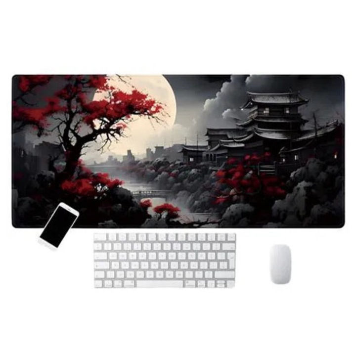 Mouse pad K0285-EP0814-HJ22856, margine cusuta, baza din cauciuc natural anti-alunecare, design peisaj, negru/rosu