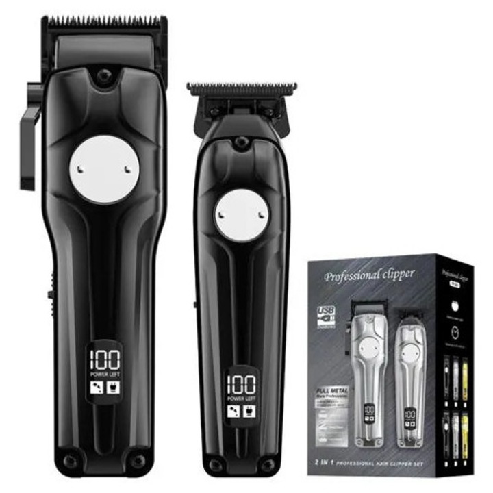 Aparat de tuns par profesional 2 in 1 K0285-EP0814-HJ23732, fara fir, incarcabil, afisaj LED, negru, set 2 piese