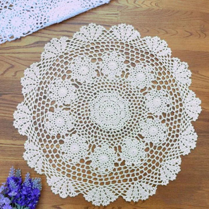 YANYXR kerek pamut terítő, kézzel horgolt, vintage stílusú kivágott mintával, 50 cm, bézs