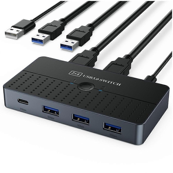 USB 3.0 megosztó kapcsoló E33-A149-E22195-CJ, 2 PC bemenet 4 perifériás porthoz (3x USB-A 3.0 + 1x USB-C), 5 Gbps, USB-C tápellátás, fekete