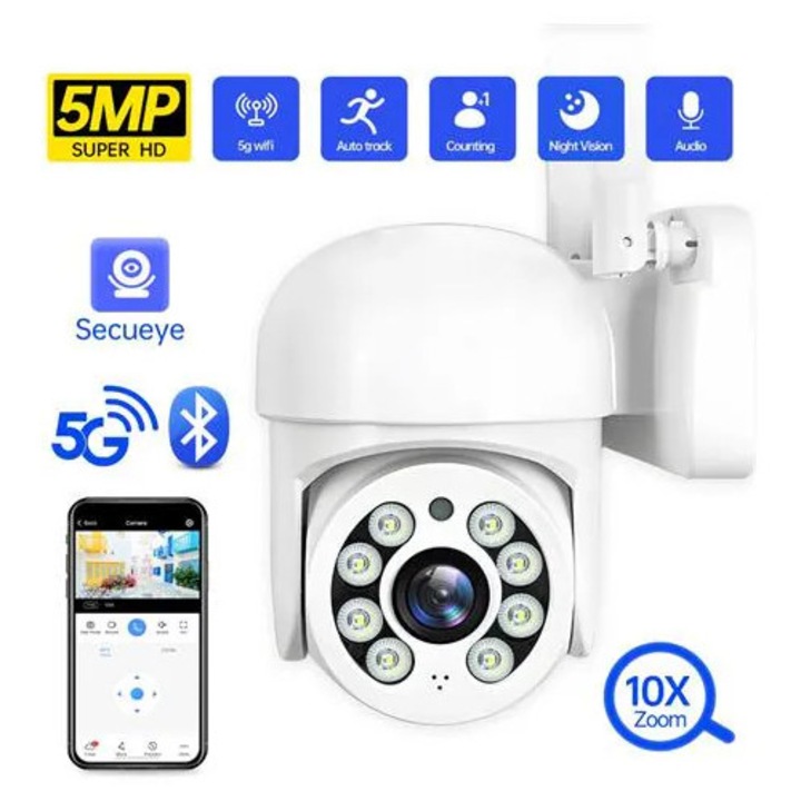 PTZ Wi‑Fi камера K0285-EP0814-HJ28906, 5MP, 1.5 инчов сензор, 10x увеличение, автоматично проследяване и детекция на движение, нощно виждане, двупосочно аудио, бяла