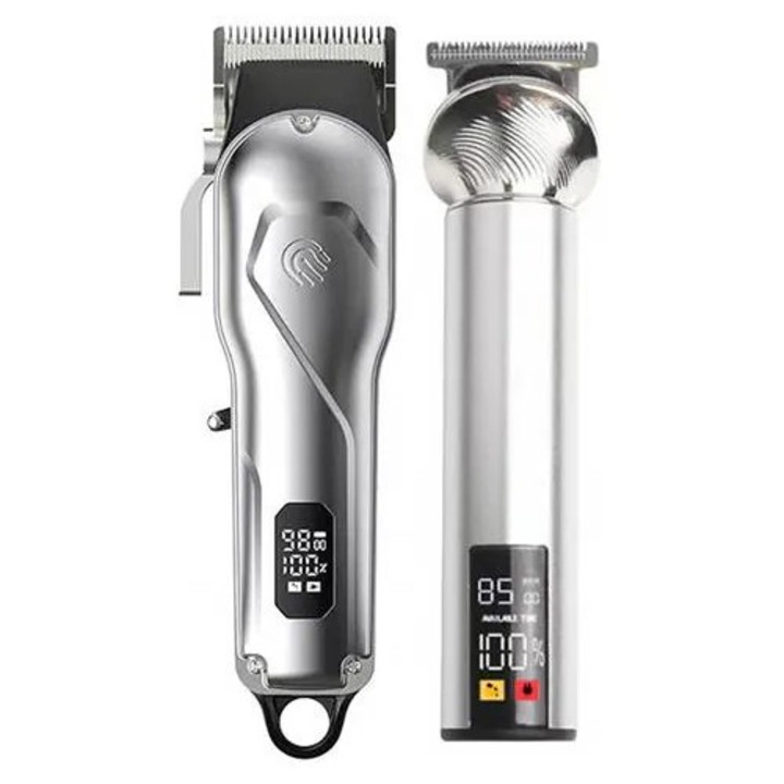 Set de 2 aparate de tuns par K0285-EP0814-HJ27104, fara fir, reincarcabil, afisaj digital, argintiu