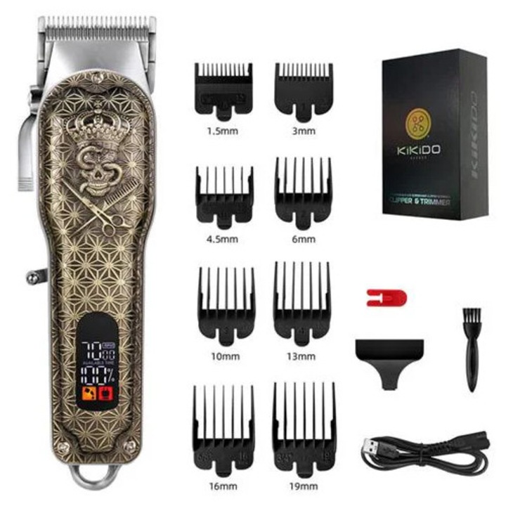 Masina de tuns profesional fara fir, lama detasabila lavabila, afisaj LED, lungimi reglabile cu piepteni 1.5–19 mm, auriu vintage
