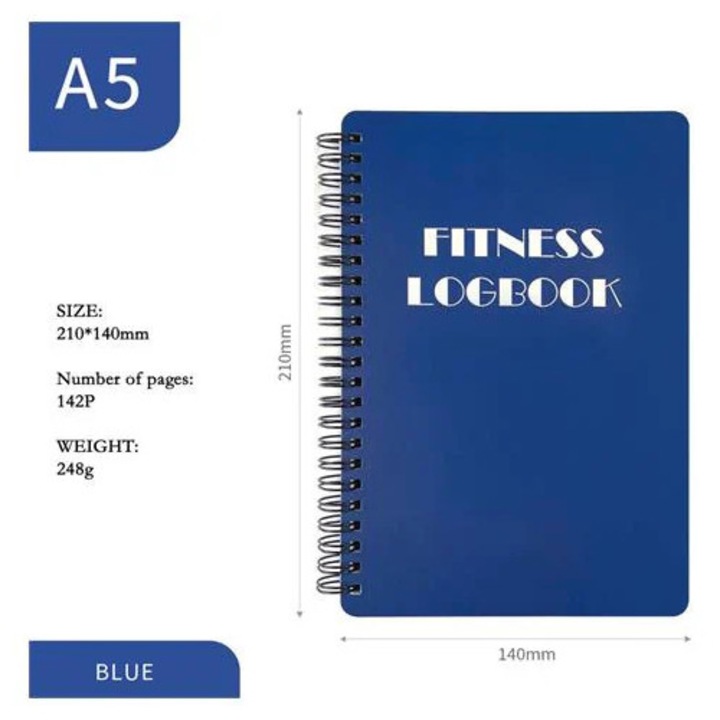 Carnet de antrenament A5 K0285-EP0814-HJ25174, spiralat, jurnal fitness (Fitness Logbook), 142 pagini, albastru