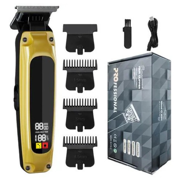 Masina de tuns profesionala K0285-EP0814-HJ28669, motor 280, reincarcabila USB-C, afisaj digital, 4 piepteni, auriu