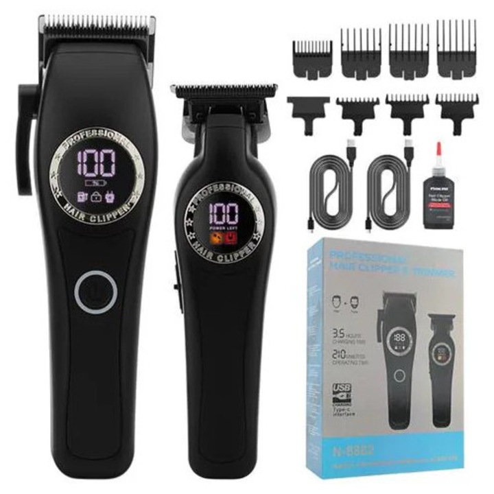 Set tuns profesional fara fir K0285-EP0814-HJ26628, masina de tuns + trimmer de detaliu, motor 7200 rpm, display digital, incarcare USB, negru, cu accesorii