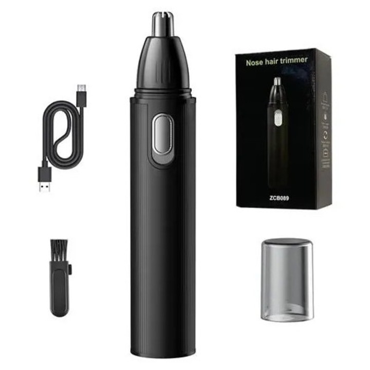 Aparat de tuns par nazal K0285-EP0814-HJ27278, reincarcabil, cap rotund anti-iritare, include cablu USB si periuta de curatare, negru