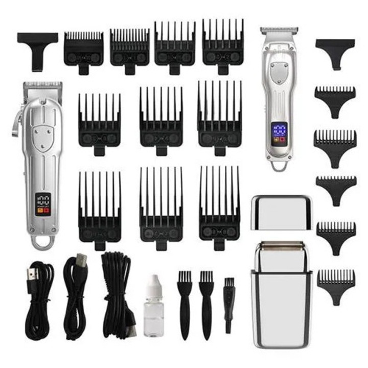 Set masina de tuns par si trimmer K0285-EP0814-HJ29606, afisaj digital, lame detasabile, reincarcabil USB, multiple piepteni de ghidaj, argintiu