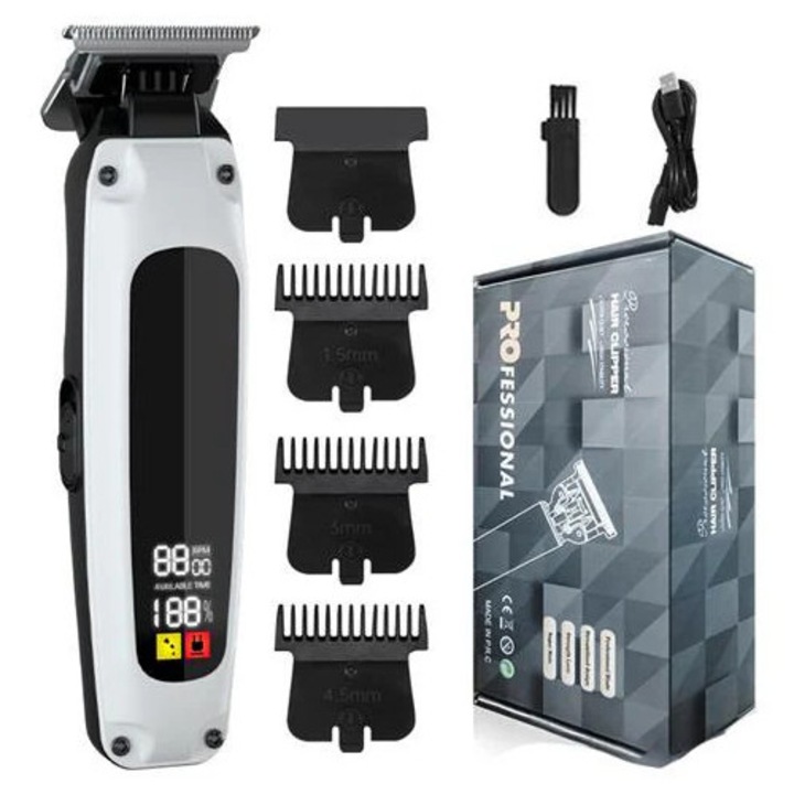 Masina de tuns par K0285-EP0814-HJ30088, motor 280, incarcare USB-C, afisaj digital nivel baterie, piepteni 1.5/3/4.5 mm, alb/negru