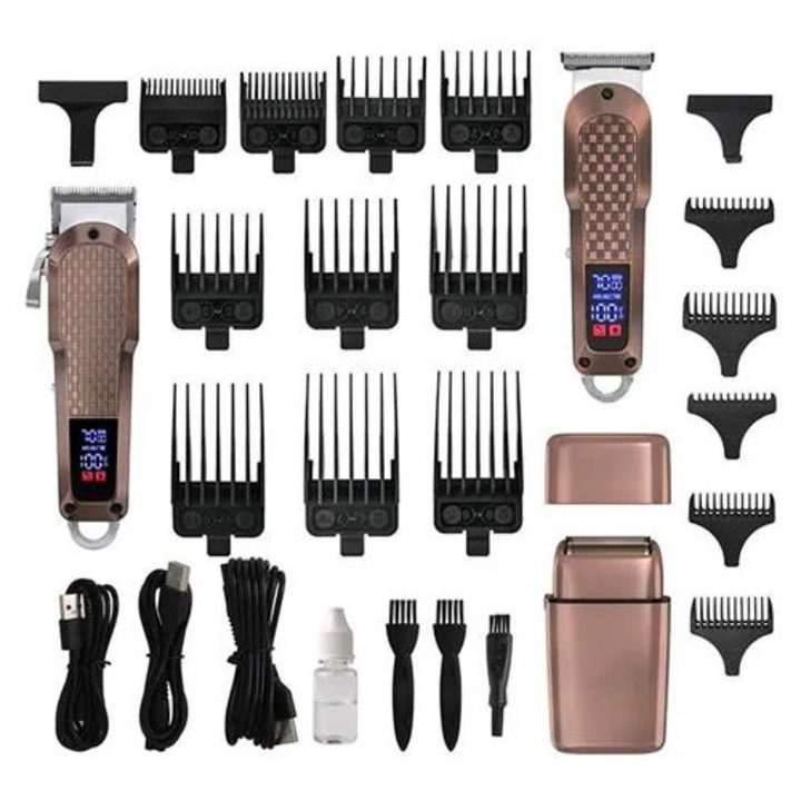 Aparat de tuns si trimmer K0285-EP0814-HJ28042, afisaj digital, lama detasabila, reincarcabil USB, set cu accesorii multiple, roz auriu