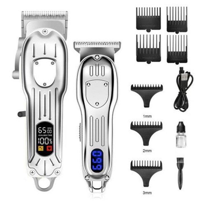 Masina de tuns par electrica K0285-EP0814-HJ28113, USB reincarcabila, lama reglabila 0.8–2.0 mm, afisaj LED, set cu accesorii, argintiu