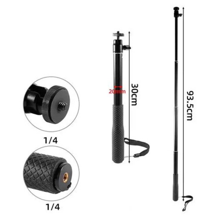 Монопод за камера модел K0285-EP0814-HJ30872, 1/4" резба, регулируем 30–93.5 см, черен