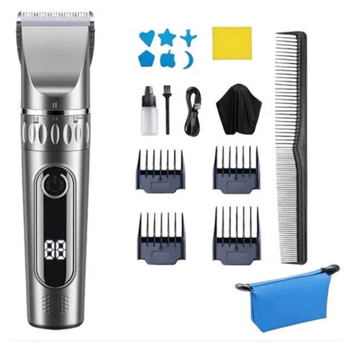 Masina de tuns par K0285-EP0814-HJ28194, fara fir reincarcabila, lame din otel inoxidabil lavabile, display digital, 4 piepteni ghid, incarcare USB, gri