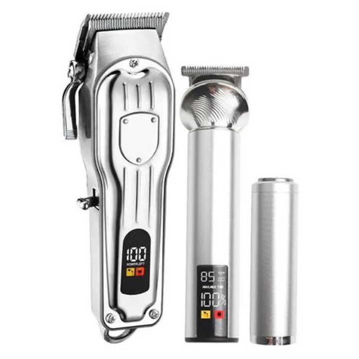 Masina de tuns par si trimmer, model K0285-EP0814-HJ28329, fara fir, afisaj digital, reincarcabil, argintiu, set 3 piese