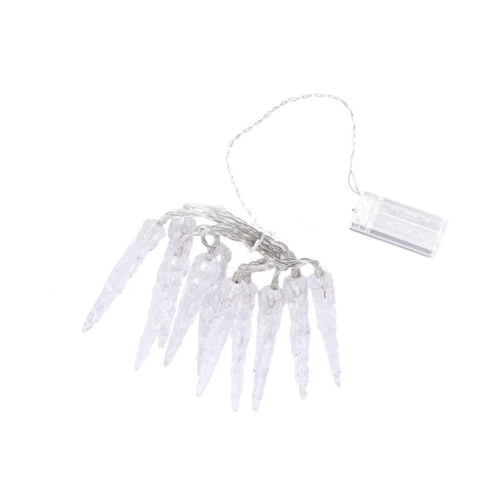 YANYXR BCS3561403 LED füzér, jégcsap típusú, 10 LED, 2xAA elemmel működő, 1,5 m, meleg fehér, PVC