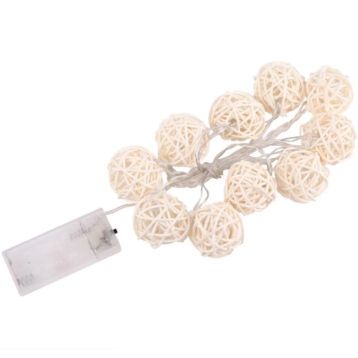 YANYXR BCS3561405 LED fényfüzér, 10 db O5 cm rattan gömb, 1.5 m, tiszta fehér fény, 2xAA tápellátás (elemek nélkül)