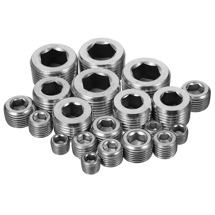Dop filetat cu cap hexagonal interior YANYXR BCS3564578, otel inoxidabil, argintiu, set 20 buc (5 marimi)