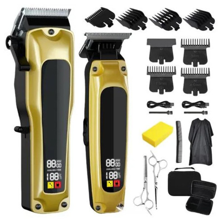Masina de tuns parul electric K0285-EP0814-HJ30572, kit profesional 2 in 1 (masina + trimer), afisaj LCD, incarcare USB, auriu/negru