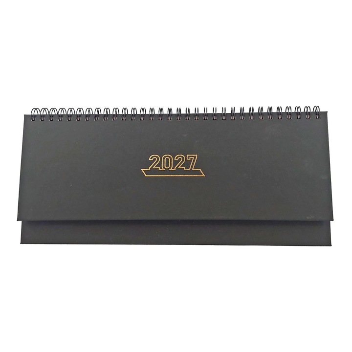 Planner birou datat 2027 Stilus, Saptamanal (o saptamana pe 2 pagini), pentru programari, landscape 28x12 cm, Coperta Neagra, Spira metalica