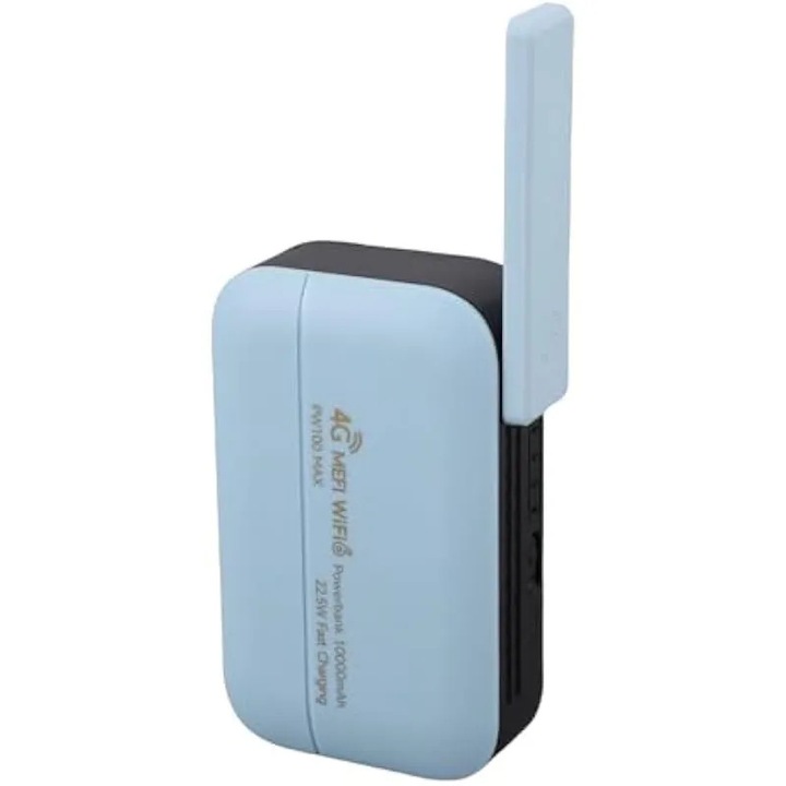 Hordozható WiFi 6 router, LTE hotspot K0544-26814-3402-AMC modell, 4G akár 300 Mbps, 10000 mAh akkumulátor, akár 16 eszköz támogatása, gyors töltés, világoskék