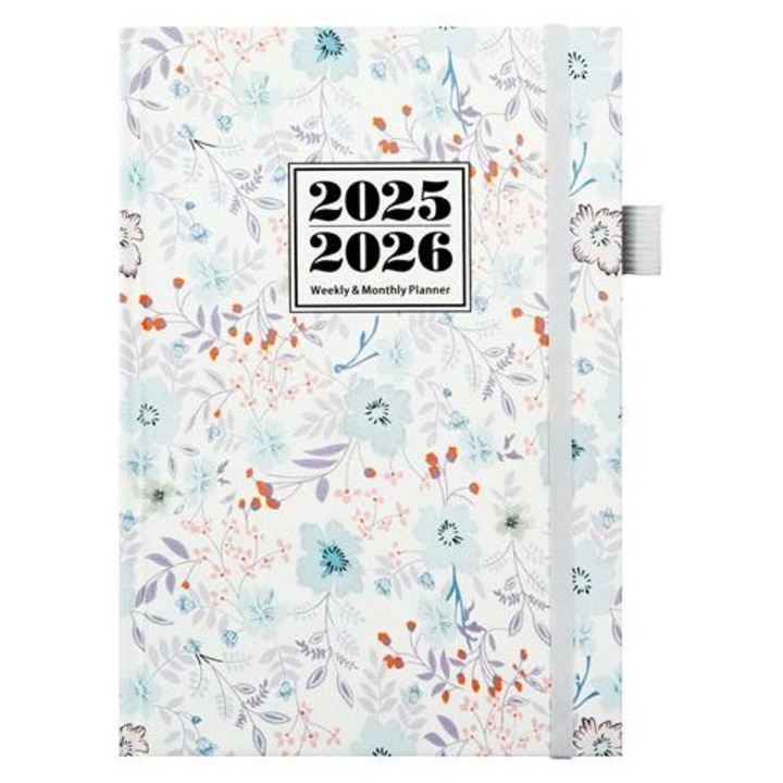 Planner saptamanal si lunar K0285-EP0814-HJ32338, layout in trepte multicolor, design floral, elastic si suport pentru pix, Multicolor