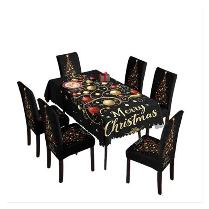 Karácsonyi dekorációs szett: asztalterítő és székhuzatok K0285-EP0814-HJ29020, ünnepi Merry Christmas mintával, fekete