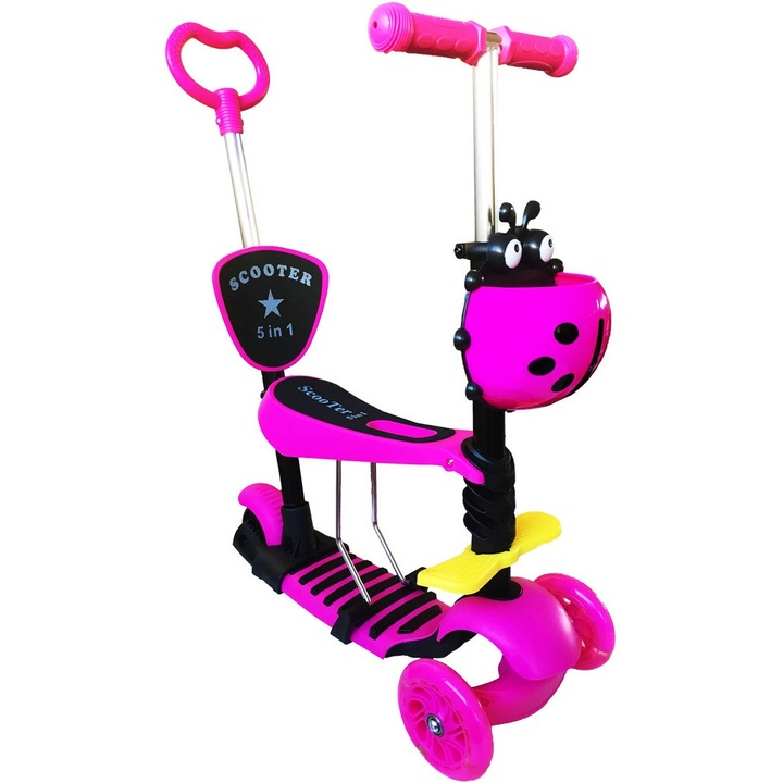 Trotineta „Scooter” 5 in 1 pentru copii cu roti luminoase, maner de impins, cosulet buburuza, scaunel cu spatar, suport picioare, roz