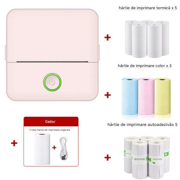 Carmdering X6 hordozható hőnyomtató Bluetooth 4.0, Type-C, 800 mAh akkumulátor, rózsaszín, 5x hőpapír/3x színes/5x öntapadós papír szett