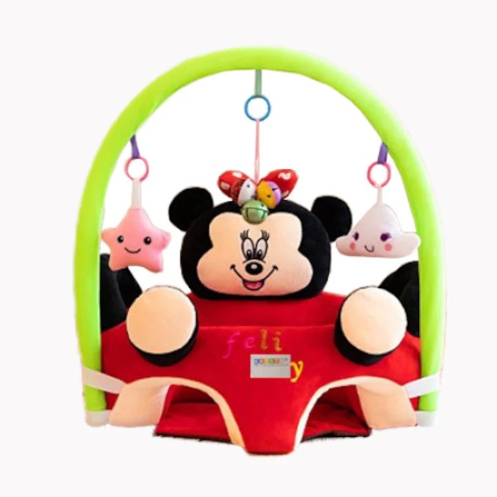 Fotoliu din plus pentru bebelusi Carmdering Minnie Mouse, cu arc de jucarii detasabil, include 2 jucarii si zornaitoare, antialunecare, multicolor, 53 x 53 x 50 cm