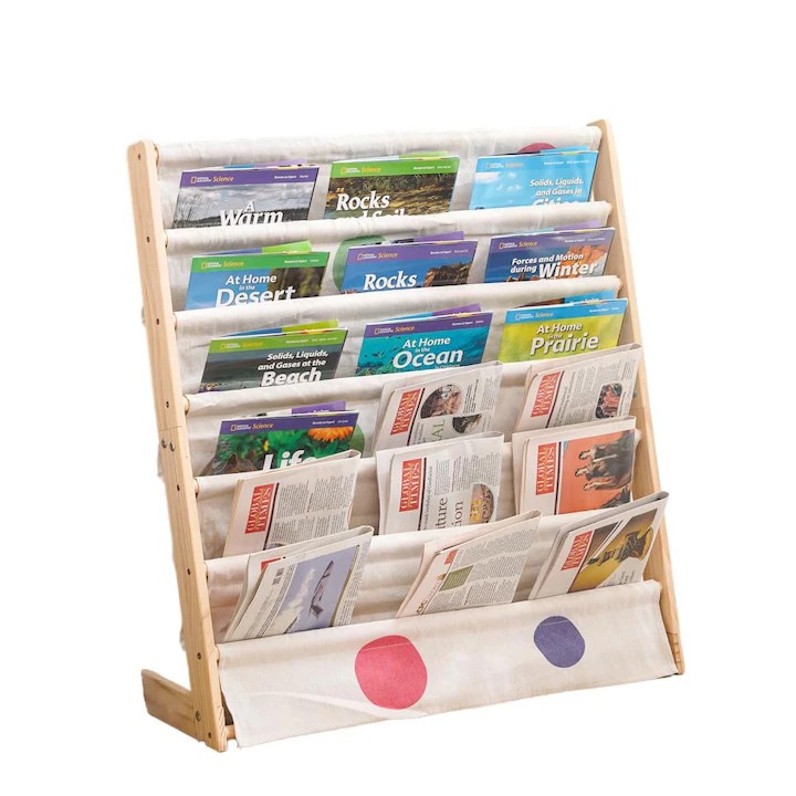 Raft pentru carti Carmdering EMAG-FP20260814-663, 6 niveluri, lemn masiv de pin, buzunare textile, Multicolor, 75 x 63 x 79 cm