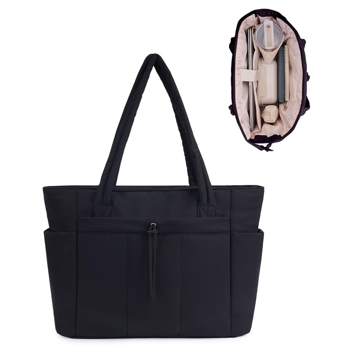 Geanta tote din bumbac matlasat, compartiment captusit pentru laptop 15,6'', capacitate 20L (40×16×31 cm), buzunar elastic pentru sticla 1,18L, rezistenta la apa, MIHX-8141945, negru
