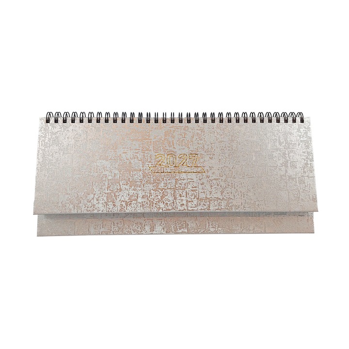 Planner birou datat 2027 Stilus, Saptamanal (o saptamana pe 2 pagini), pentru programari, landscape 28x12 cm, Coperta Argintie, Spira metalica