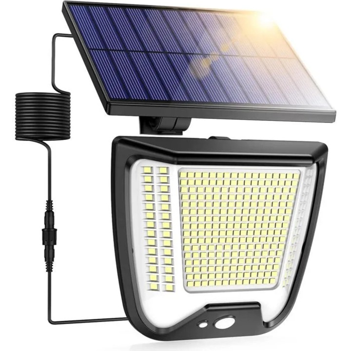 Lumina solara de exterior cidiscount-xwx-260814-858, 288 LED, 6500K (alb rece), baterie 1800 mAh, IP65, senzor miscare pana la 8 m, 3 moduri, panou solar 23% eficienta cu cablu 5 m, negru