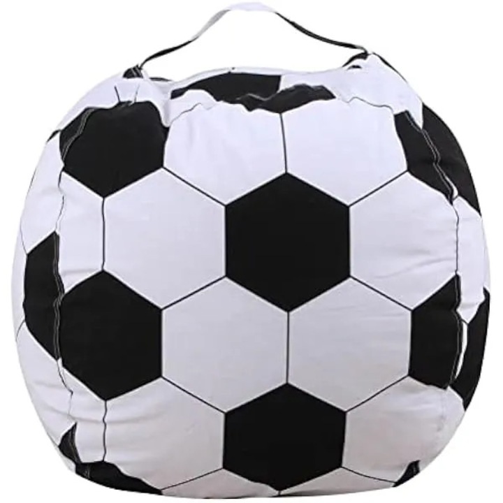 Sac de depozitare pentru jucarii si fotoliu bean bag, husa tip fotbal cu fermoar, poliester, negru/alb, 46 cm (18 inch)