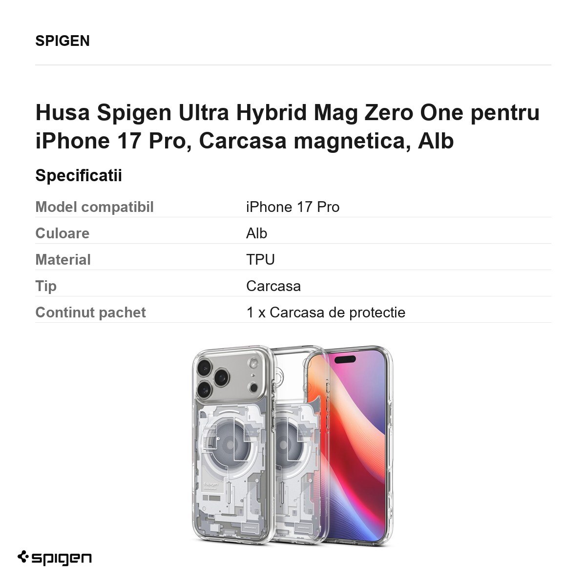 Husa Spigen Ultra Hybrid Mag Zero One pentru iPhone 17 Pro, Carcasa magnetica, Alb