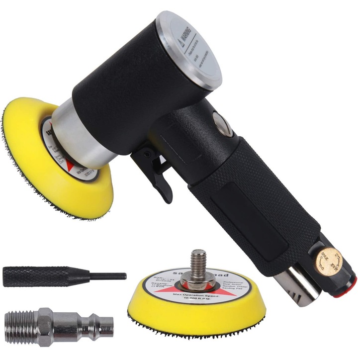 EAG-3741 mini pneumatikus orbitális csiszoló, 2"/3" tépőzáras talpak, 15.000 RPM, sebességszabályzó, fekete/sárga