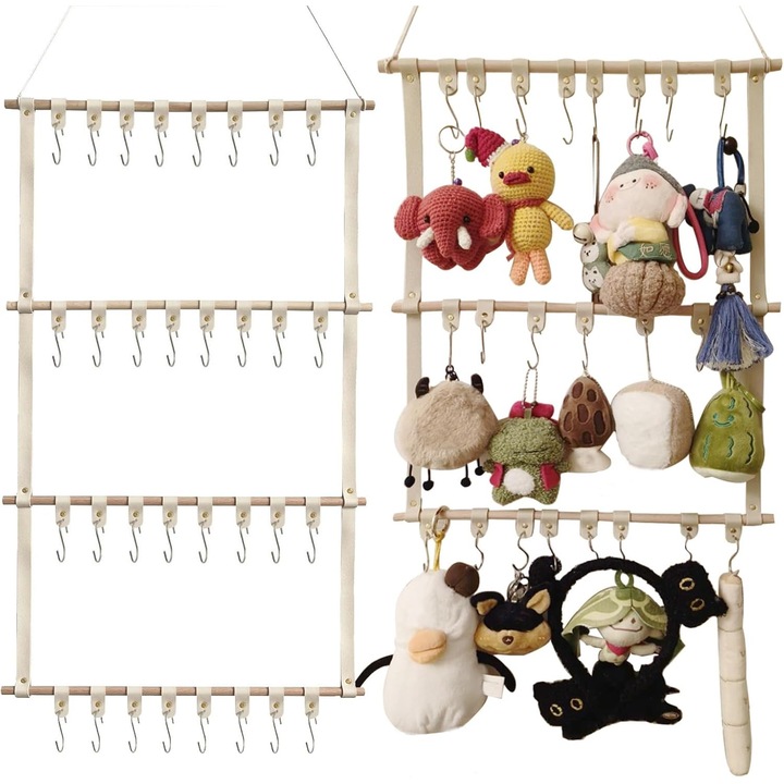 Organizator suspendat pentru jucarii, 32 carlige detasabile din piele PU, poliester si cadru plastic, bej, 40 x 15 x 5 cm