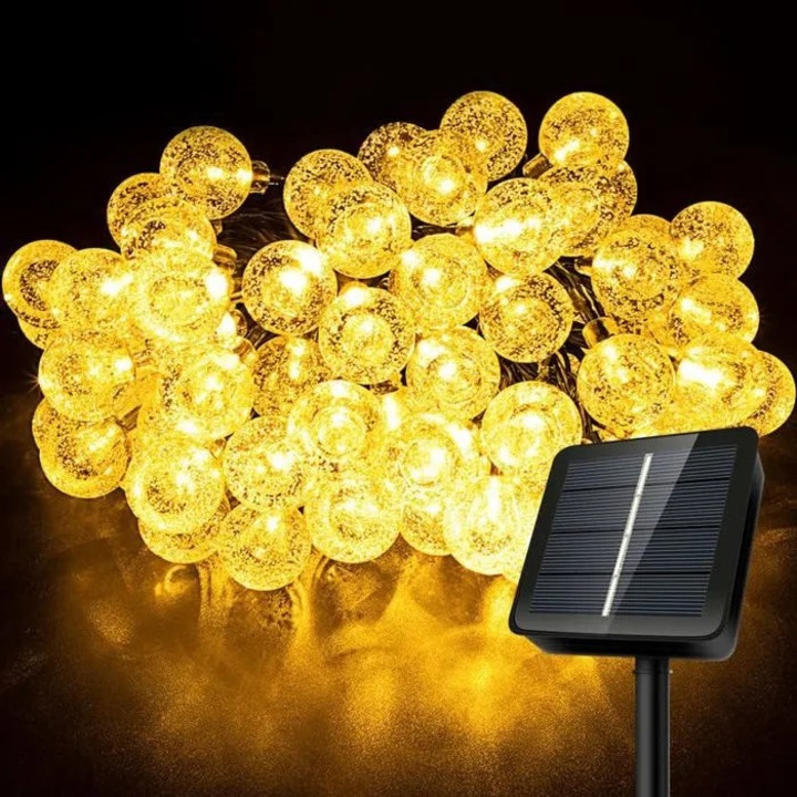 Ghirlanda lumini solare cidiscount-xwx-260814-273, 80 LED, 14 m, 8 moduri, alb cald 3500K, bile PVC cristal, IP65, autonomie 8–12 h