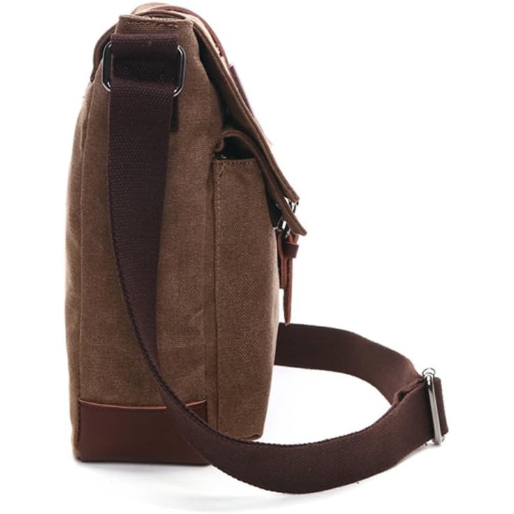 Geanta messenger din panza cu accente din piele, vintage/military, clapeta cu inchidere magnetica si multiple buzunare, maro, 28x24x10 cm