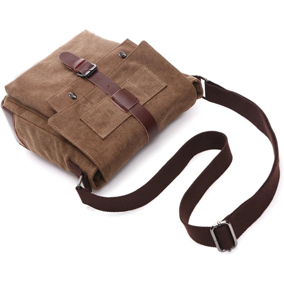 Geanta messenger din panza cu accente din piele, vintage/military, clapeta cu inchidere magnetica si multiple buzunare, maro, 28x24x10 cm