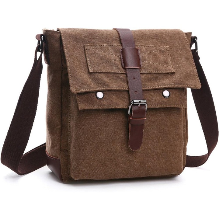 Geanta messenger din panza cu accente din piele, vintage/military, clapeta cu inchidere magnetica si multiple buzunare, maro, 28x24x10 cm