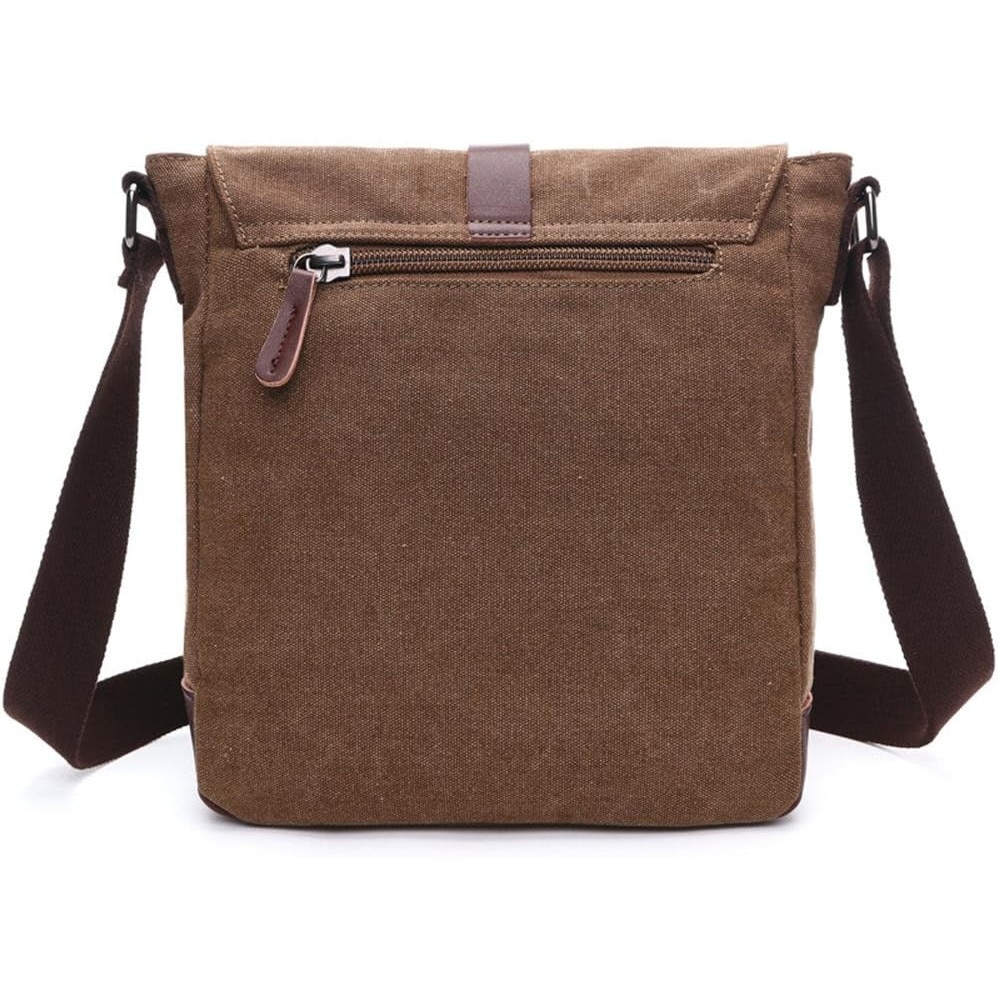 Geanta messenger din panza cu accente din piele, vintage/military, clapeta cu inchidere magnetica si multiple buzunare, maro, 28x24x10 cm