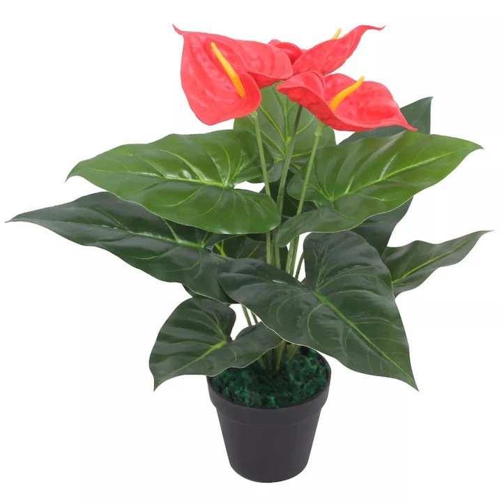 Műnövény Anthurium carmdering EMAG-FP20260814-1009, 45 cm, 3 virág (piros/sárga), 9 levél, műanyag cserép 5 x 11 cm, többszínű