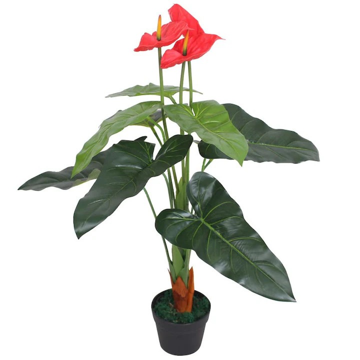 Műnövény Anthurium carmdering EMAG-FP20260814-1010, cserépben, természetes fa szár, 90 cm, 3 virág, 9 levél, műanyag, Többszínű