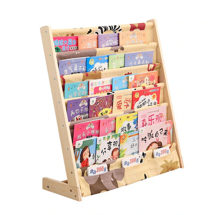 Raft pentru carti pentru copii Carmdering EMAG-FP20260814-664, etajera din lemn masiv cu buzunare din bumbac si in, 5 polite inclinate, multicolor, 60 x 30 x 79 cm