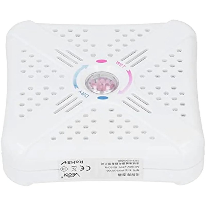 Dezumidificator portabil K0544-26814-3218-AMC, gel de silice reutilizabil, 25 W, capacitate absorbtie 120 g, pentru spatii pana la 8 m³, indicator albastru/roz, alb, 5.5 x 5.5 x 1.6 inci