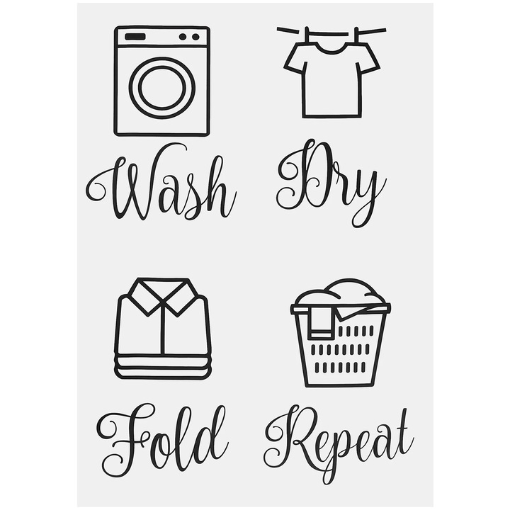 YANYXR BCS3561536 dekoratív matrica mosókonyhába, PVC falmatrica szett szövegekkel és piktogramokkal Wash/Dry/Fold/Repeat, fekete, 57 x 40 cm