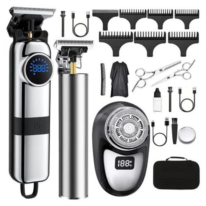 Set trimmer si aparat de ras electric cu levitatie magnetica SK-L01/SK-T01, afisaj LED, incarcare USB, viteza lama 7200/8500 rpm, argintiu/negru, K0285-EP0814-HJ31113